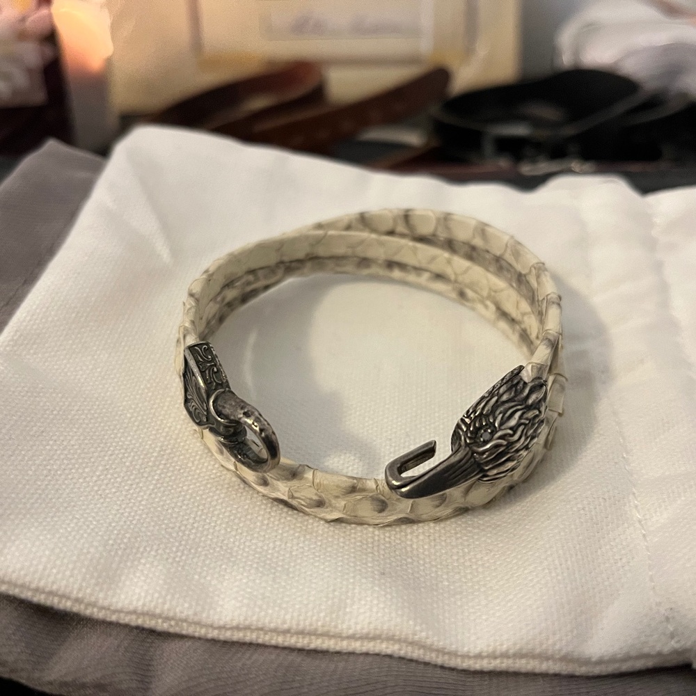 John Varvatos White Raven Bracelet Silver / White Leather / Black diamond